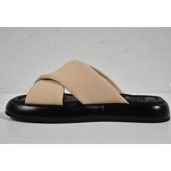 Chanel Beige Black Fabric Criss Cross Puffy CC Logo Slide Mule Sandal Flat 42 - Picture 9 of 12